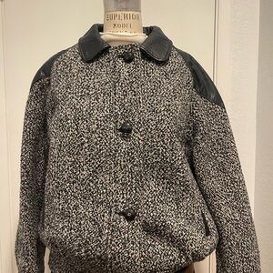 Black and Gray Tweed Jacket with Leather Accents